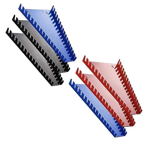 Reniteco Plastic Wrench Organizer, Premium High-density Wrench Holder, Large Wrench Racks for Wall and Tool Box, 96 Slots Fit SAE&Metric Wrench Tray(2Red&2Black&2Blue) - color: Mix-3, size: 6PC