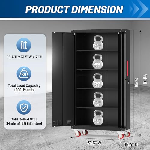 Metal Storage Cabinet with Wheels,71"H Garage Cabinets with 4 Adjustable Shelves + Lockable Door,Heavy-Duty Garage Cabinet and Storage System for Garage,Home Workshop & Office(200 lbs per shelf)