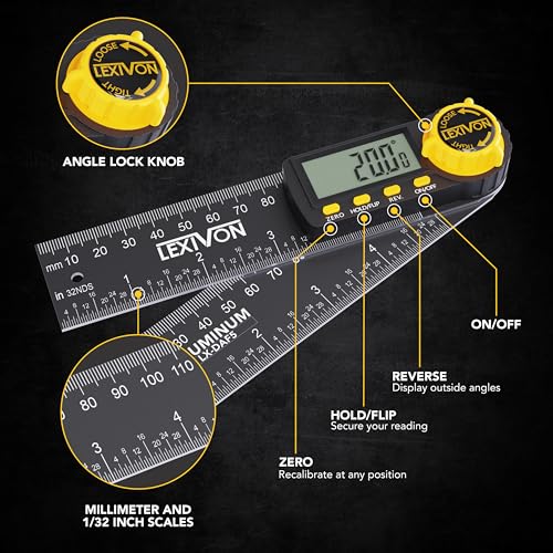 LEXIVON Aluminum Digital Angle Finder Gauge, 5-inch/130mm Multi-Purpose Protractor, Includes XL Display and Rugged Zippered Pouch (LX-DAF5) - size: 5 Inch
