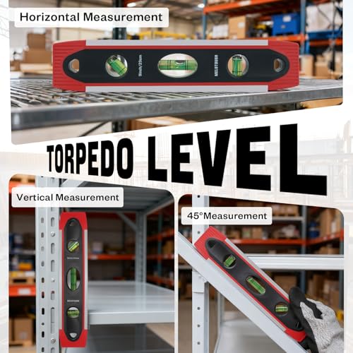 MELOTOUGH 9 Inch Torpedo Level Magnetic,Small Leveler Tool,Spirit Level with 45/90/180 Bubbles,V-Groove,Shock Resistant Leveler,Red - color: Red-1pcs
