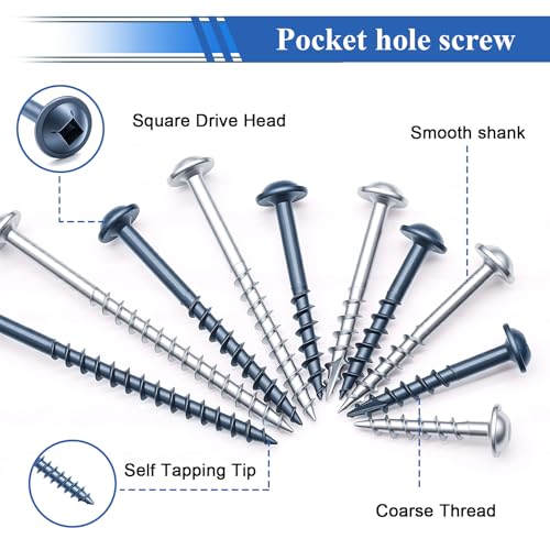 smseace 840Pcs Pocket Hole Screws Assortment Kit #8 x 1, 1-1/4", 1-1/2", 2", 2-1/2" Blue Coated and Zinc Coated Square Drive Pocket Screws with 150mm Drive Bit Wood Screw Set - color: Multicolored