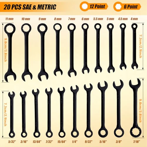 Mini Wrench Set Metric and SAE 20 PCS, 4-11mm & 5/32"-7/16", Black - style: Metric & SAE(Black)