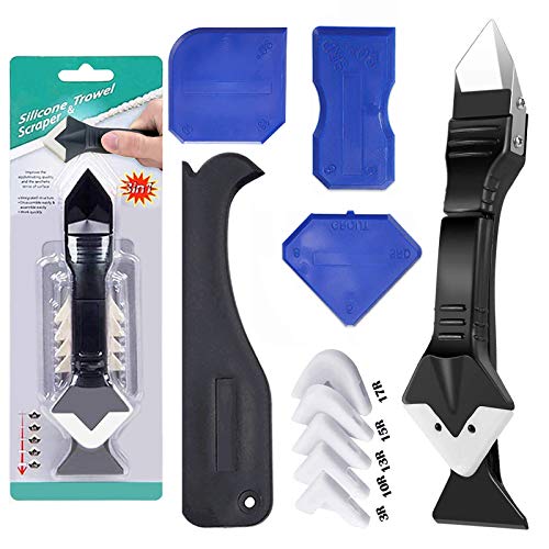 11Pcs Caulking Tools, 3 in 1 Silicone Caulking Finishing Tool Kit(Stainless Steelhead), Reuse and Replace 5 Silicone Pads, Sealant Caulk for Kitchen Bathroom Window, Sink Joint