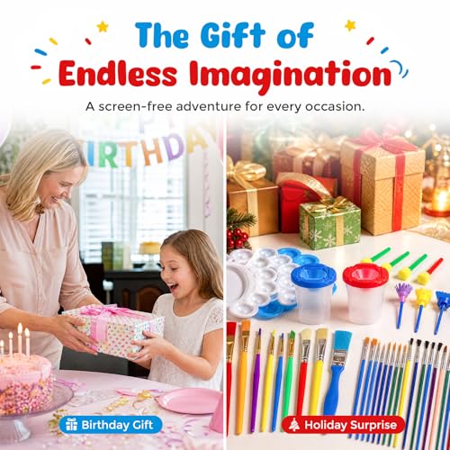 BigOtters 45PCS Kids Paint Brushes Set with Spill Proof Cups & Palettes