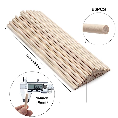 Wood Dowels Wooden Dowel Rods 1/4 x 12, 50 PCS Wooden Sticks for Crafts, Macrame Dowels, Unfinished Small Wood Sticks for Crafting, Lollipops and Tiered Cake, Photo Booth Props, Wedding Ribbon Wands - size: 1/4"×12"-50PCS