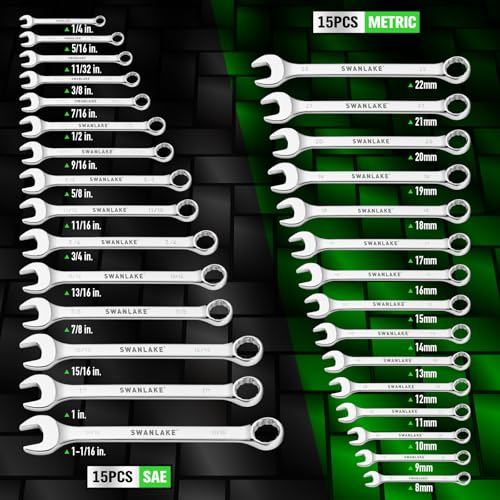 SWANLAKE 30-Piece Combination Wrench Set, Metric & SAE (8-22mm & 1/4” to 1-1/16”),12-Point Open End Standard Wrench Set, Mechanics Wrenches Sets, Chrome Vanadium Steel with Storage Rack - style: 30-Piece Combination
