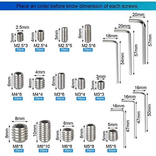 340Pcs M2.5, M3, M4, M5, M6, M8 Metric Hex Socket Head Cup Point Set Screws, Allen Head Grub Screw, Internal Hex Drive Headless Set Screw Assortment Kit with 6 Hex Wrenches, 304 Stainless Steel - color: Silver-340pcs Metric M2.5-M8 Cup Point Set Screw