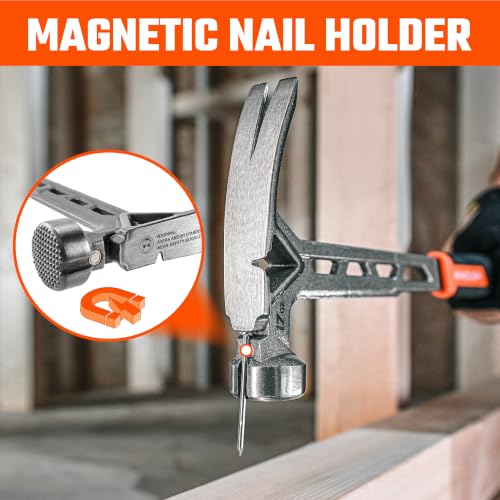 VANQUISH Framing Hammer 17oz One Piece Forged Straight Claw Hammer with Milled Face & Shock Reduction Grip, Claw Hammer with Magnetic Nail Holder Side Nail Puller, 0628-M - size: 17oz Milled Face