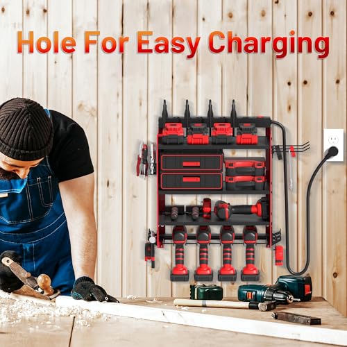 Power Tool Organizer Wall Mount with Charging Station, Garage 4 Drill Storage Shelf with Cordless Tool Holder, Heavy Duty Rack with 8 Outlet Power Strips and Hooks, Gift for Men, Husband (4 Layer) - size: 4 layer