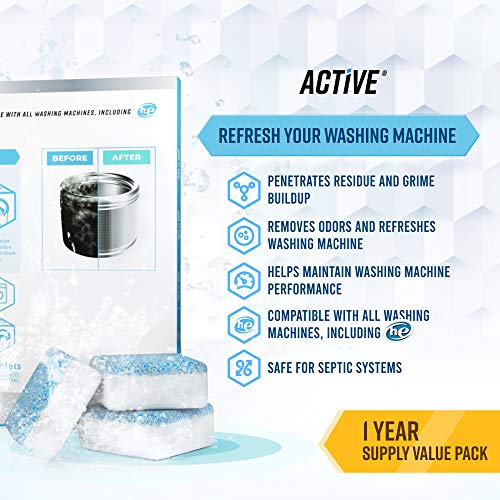 ACTIVE Washing Machine And Dishwasher Cleaning Tablets Bundle - Includes 12 Month Supply Dishwasher Cleaner Deodorizer & Washing Machine Descaler Deep Cleaning Tablets - 48 Tablet Set - style: 24 Washing Machine + 24 Dishwasher Tablets