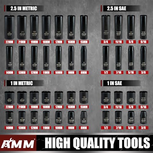 AMM 3/8" Drive Impact Socket Set, 48-Piece Standard SAE (5/16 to 3/4 inch) and Metric (8-22mm) Size, 3" and 6" Drive Extension Bar, Impact Universal Joint, 3/8" to 1/2" Impact Adaptor, CR-V - size: 3/8" Impact Socket Set
