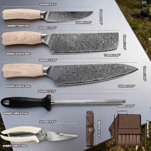KOFERY Butcher Knife Set in Damascus Steel for Grill & Pit Masters - color: Natural-Wood