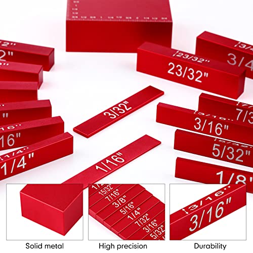 Setup Blocks Height Gauge Set, 15 Pieces Aluminum Block Precision Saw Kit Drill Press Table Router Setup Blocks Woodworking Tool Bars Accessories Laser Engraved Size Markings(Red)