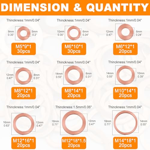 200pcs 9 Sizes Premium Copper Metric Sealing Crush Washers Assortment Kit,Flat Sealing Washer M5 M6 M8 M10 M12 M14,Flat Ring Sump Plug Oil Seal Gasket Sealing Fitting Washers for Industrial,Household
