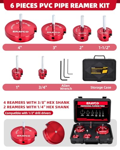 ERAYCO 6-Piece PVC Pipe Reamer Kit-Professional Aluminum Socket Saver Kit (3/4", 1", 1-1/2", 2", 3"4”) with Rotatable Carbide Inserts-Hex Shaft Fitting Saver for Schedule 40, CPVC & ABS Plumbing - size: 3/4+1+1.5+2+3+4 Inch