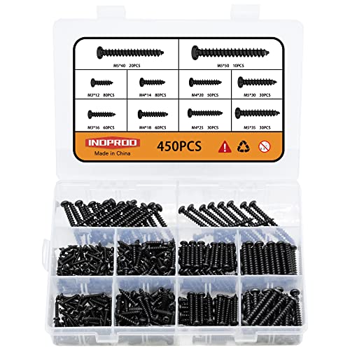 450 pcs M3 M4 M5 Black Wood Screws Assortment Kit,High Hardness Carbon Steel Self-Tapping Screws,Phillips Drive Pan Round Head Screws Set Kit,Black Oxide,Full Thread - size: M3/M4/M5, style: Round Head (Carbon Steel)