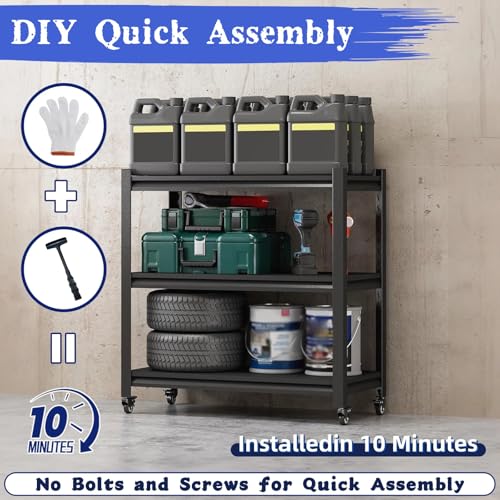 330LBS Workbench on Wheels, 3-Tier Metal Garage Storage Shelves, Adjustable Heavy Duty Rolling Utility Cart for Warehouse Workshop Basement Pantry Kitchen, 31.5"x15.8"x31.5",Black