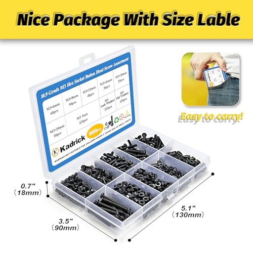 KADRICK 900Pcs M3 Screw Kit,Hex Socket Button Head M3 Bolts Length 6mm-25mm - size: M3 900Pcs 6-25mm
