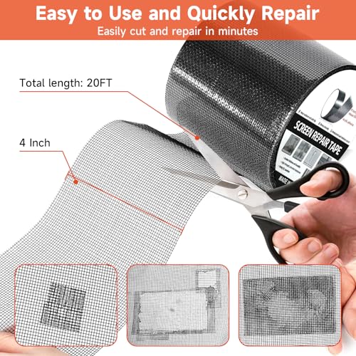 HOFUDON 4in X 20ft Window Screen Repair Tape Black - Heavy Duty 3-Layer Adhesive, Waterproof Fiberglass Mesh Patch Kit for Windows/Doors/Magnetic Screens - color: Black
