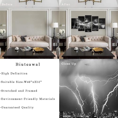 Biuteawal - Black and White City Wall Art Nature Lightning Strikes in The Clouds Painting on Canvas Storm Cityscape Picture Print for Home Office Bedroom Decoration - size: W60"xH32"