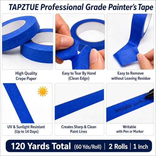 Blue Painters Tape 1 Inch Wide, 2 Rolls x 60 Yds Blue Masking Tape - size: 2 Rolls Blue Painters Tape 1 Inch x 60 Yards Each