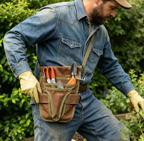 Gardening Tool Pouch for Waist, Hands-Free Canvas Tool Belt with 6 Pockets – Adjustable Waist Apron for Gradenging Tools (Gardening Tools NOT Included)-(Brown) - color: Brown