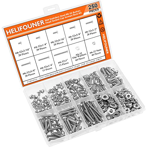 HELIFOUNER 250 Pieces #6-32 x 3/16" 1/4" 5/16" 3/8" 1/2" 5/8" 3/4" 1", Button Head Socket Cap Screws Bolts Washers Nuts Kit, Coarse Thread, Fully Machine Threaded, 304 Stainless Steel - size: #6-32, style: Button Head