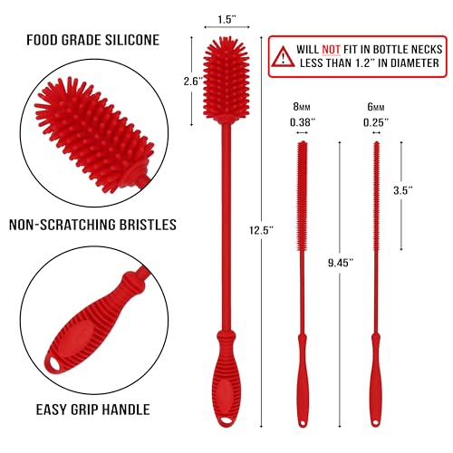 Kitchiny Silicone Bottle Brush 12.5 inch with 2 Straw Cleaners – Red | Bottle Cleaner Brush for Yeti, Hydro Flask, Owala, Stanley, Baby Bottles, Vases & Narrow Neck Containers - color: Red