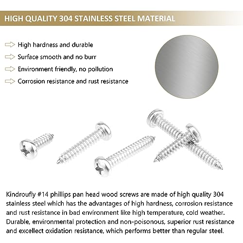 50 Pieces #14 x 3/4" 1" 1-1/4" 1-1/2" 2" Phillips Pan Head Self-Tapping Screws, Wood Screws Assortment Kit, 304 Stainless Steel - size: #14
