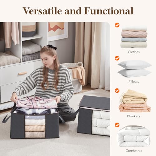 Lifewit 6 Pack Clothes Storage Bins with Lids, Foldable Blanket Storage Bags with Zippers, Clear Window and Reinforced Handles, Closet and Organization for Clothing, Sweater, Comforter, Bedding - size: 60L