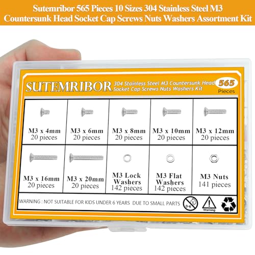 565 Pieces M3 Screws Nuts Washers Set, Sutemribor M3 x 4/6/8/10/12/16/20mm Countersunk Head Socket Cap Screws Nuts Washers Assortment Kit, 304 Stainless Steel, Fully Threaded - size: M3, style: Countersunk Head Socket Cap