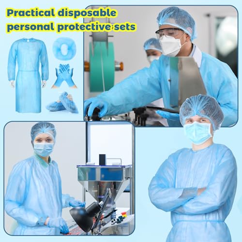 Xuhal Disposable Isolation Gown Set with Caps Gloves Shoe Covers, Blue