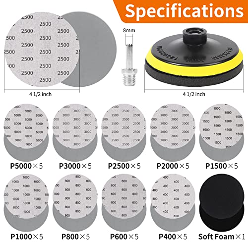 Pomsare 45PCS 5 Inch Wet Dry Sanding Discs Kit with Hook and Loop Backing Pad 5/8-11 and Foam, Angle Grinder Drill Sanding Attachment, Sander for Drill 400 to 5000 Grits Sandpaper for Wood Metal Car - style: 5 Inch