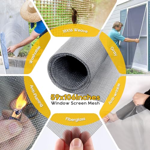 King&Charles Window Screen Replacement, 6in1 Window Screen Door Repair Kit - color: Gray, size: 59"×106"