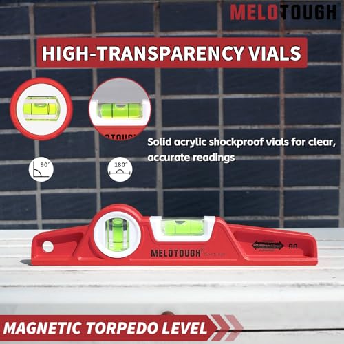 MELOTOUGH 10 Inch Die-Cast Magnetic Torpedo Level,Magnetic Level for Carpenter,Construction,Scaffolding, Plumbing,Torpedo Level with Rare Earth Magnet,Pencil and Holster,Red - color: Red-1pcs