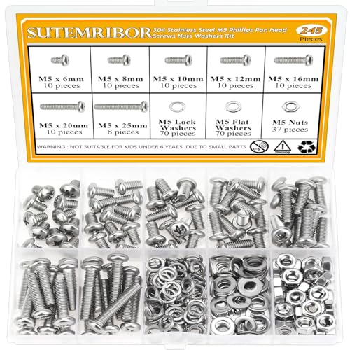 245 Pieces M5 Machine Screws Nuts Washers Set, Sutemribor M5 x 6/8/10/12/16/20/25mm Phillips Pan Head Machine Screws Nuts Washers Assortment Kit, 304 Stainless Steel, Fully Threaded - size: M5, style: Phillips Pan Head