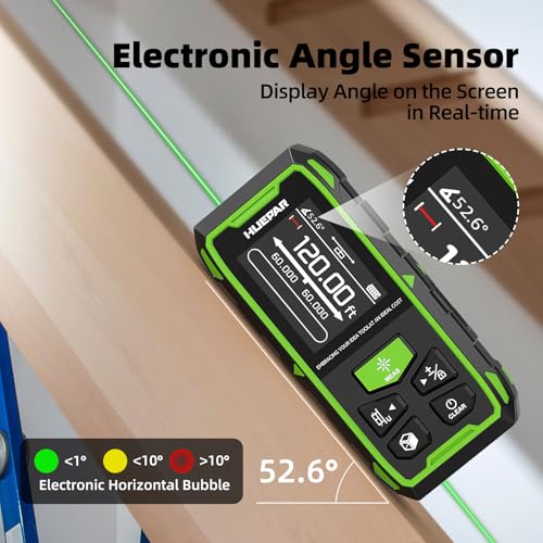 Huepar Dual Laser Measuring Tool, 656Ft Green-Beam Bilateral Digital Laser Distance Measure 6 Units Ft/in/M, Rechargeable Laser Measurement Tool -Backlit LCD Display, Length/Area/Volume/Angle Sensor