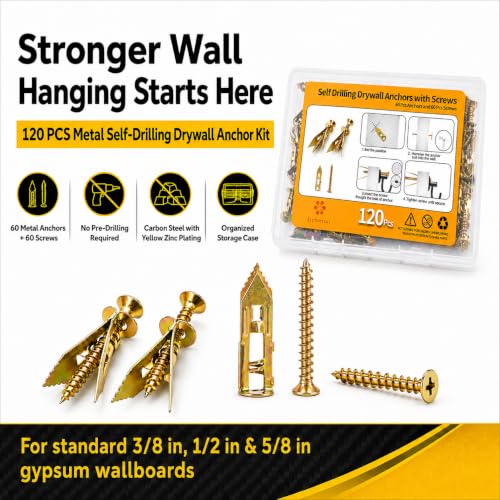 Jyphorixal 120 PCS Self Drilling Drywall Anchors with Screws Kit, Heavy Duty Metal Wall Anchors for Drywall, Sheetrock Anchors 0.47x1.57inch with Screws, No Drill Dry Wall Anchors and Screws Kit - size: 120Pcs 0.47X1.57inch