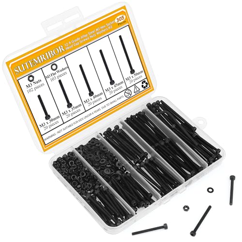 305 Pieces M3 x 30/35/40/45/50mm Hex Socket Head Cap Screws Nuts Washers Set Black, Sutemribor M3 Long Screws, M3 Black Screws Nuts Washers Assortment Kit, 12.9 Grade Alloy Steel, Fully Threaded - size: M3 x 30-50mm, style: Socket Head