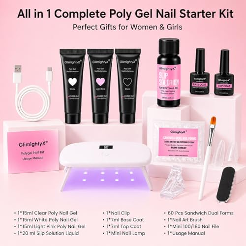 GlimightyX Poly Gel Nail Starter Kit with UV Light, Sandwich Dual Forms - color: 04- 3 Colors Complete Polyge Nail Starter Kit