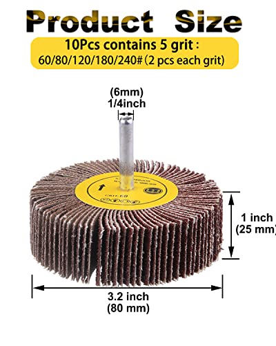 Rocaris 1/4" Abrasive Flap Wheel Sander Set, 80 Grit Aluminum Oxide Flap Wheels Cylindrical Shape Sanding Wheel, 8 Sizes (10)