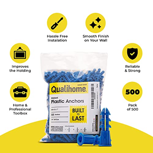 Qualihome Ribbed Plastic Drywall Anchors - Wall Anchors for Drywall - Plastic Screw Anchors for Secure Fastening (Bulk Pack, #10-12 x 1) - size: #10-12 x 1", style: Bulk Pack