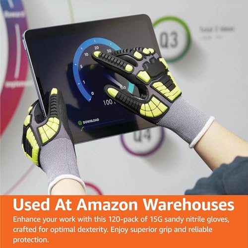 Amazon Basics Safety Work Gloves, Cut Level A1, Abrasion ANSI Level A4, Impact Protection, Touch Screen Friendly, 15G Sandy Nitrile Palm, Yellow, Size XX-Small, Pack of 120 Pairs - size: 2X-Small