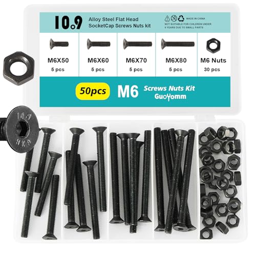 50Pcs M6 x 50mm 60mm 70mm 80mm, Flat Head Hex Socket Cap Screws Countersunk Bolts Nuts Kit, 10.9 Grade Alloy Steel, Black Oxide Finish, Metric Allen Drive, Fully Threaded - size: M6x50/60/70/80mm