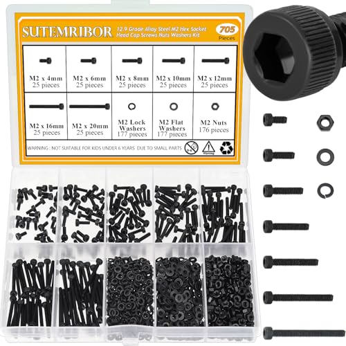 705 Pieces M2 Screws Nuts Washers Set Black, Sutemribor M2 x 4/6/8/10/12/16/20mm Hex Socket Head Cap Screws Nuts Washers Assortment Kit, 12.9 Grade Alloy Steel, Fully Threaded - size: M2 x 4/6/8/10/12/16/20mm Kit, style: Socket Head