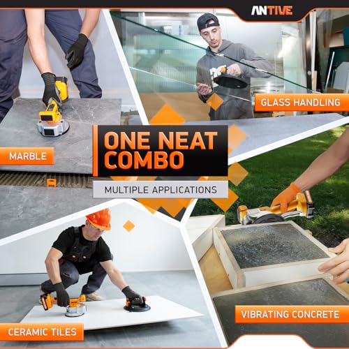 Tile Vibration Tool ProSet, Tile Vibrator and 8" Cup, 2 Batteries 9 Speeds | For 8-48" Tiles | 110 lb Vibrating tool, 330 lb Vacuum Cup Hold, Digital Display with 9 Speeds, 2 batteries, and Hard Cases - color: Orange Light