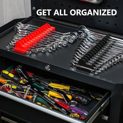 DEHOYI 24pcs Magnetic Modular Wrench Organizers for Tool Drawers - Wrench Rack with Metric&SAE Labels,Tool Storage Holder with Magnet.Gift for father, brother&boyfriend (Red with magnets)
