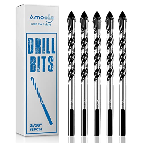 amoolo 3/16" Concrete Drill Bit & Masonry Drill Bit Set(5PCS), Carbide Tip Drill Bit Set for Tile, Brick, Cement, Concrete, Glass, Plastic, Cinder Block, Wood etc - size: 3/16"(5pcs)