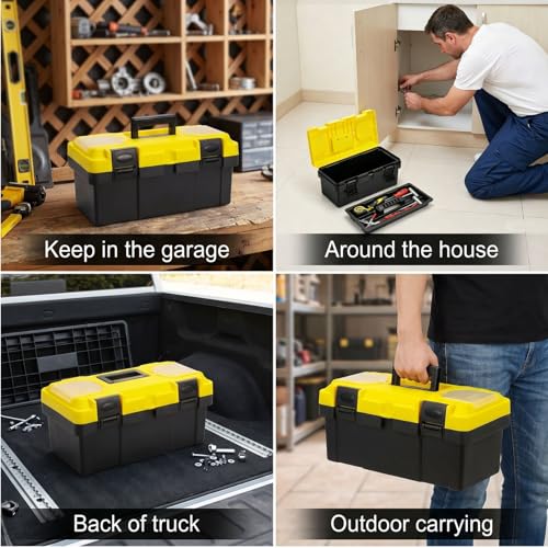Cididu 16 Inch Plastic Tool Box with Handle, Portable Toolbox with Removable Tray and Lockable Design, Heavy Duty Toolbox Organizer with Small Parts Box for Household Workshops Garages, Black Yellow