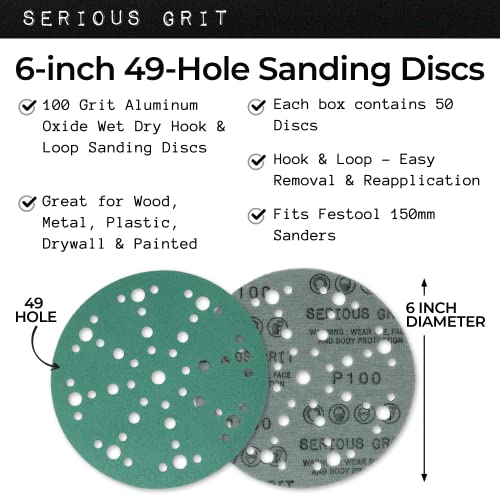 Serious Grit - 6-Inch 49-Hole P100 Grit Sanding Discs - 50 Pack Box - size: 100 Grit